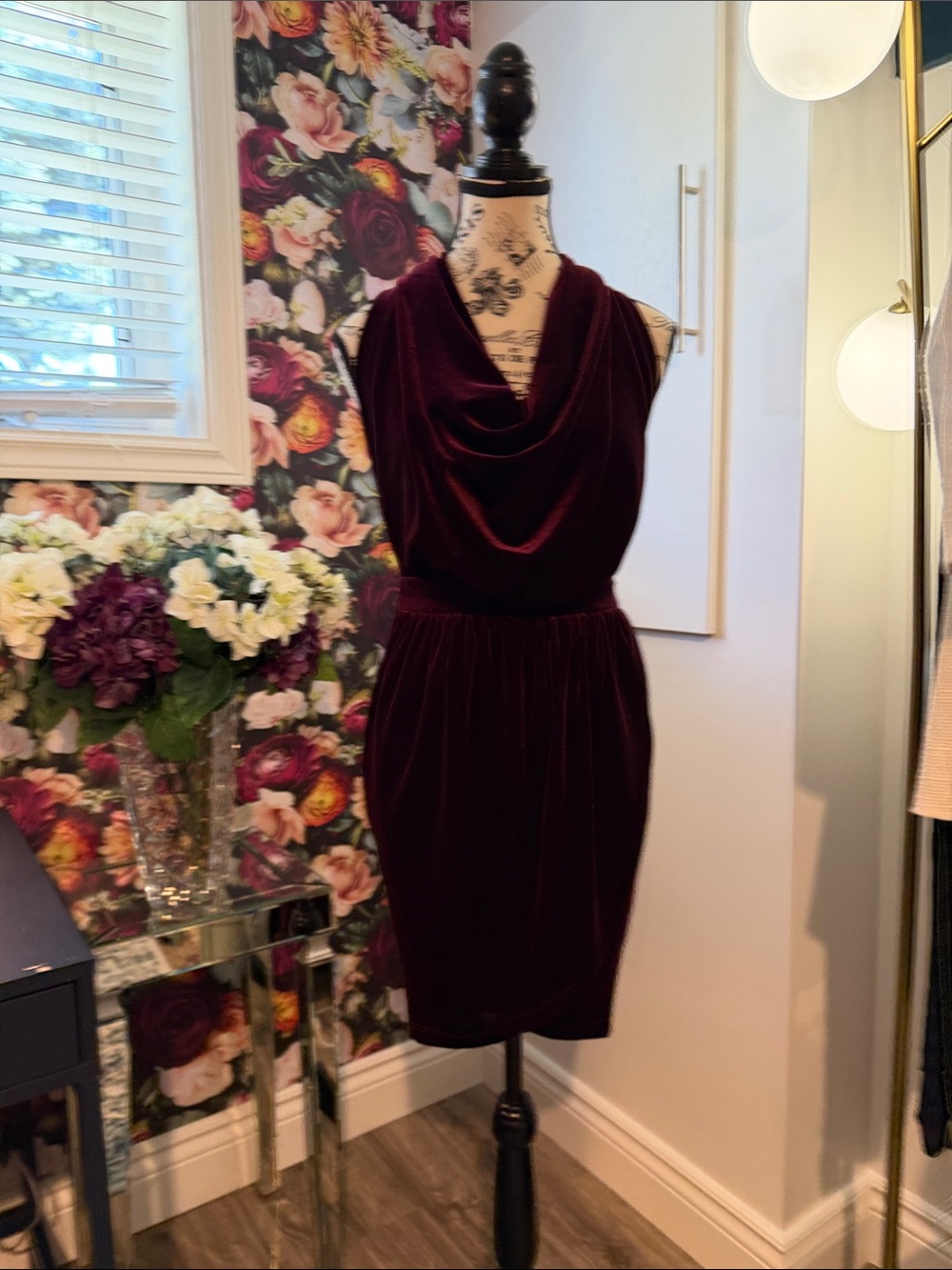 Cowl-Neck Velvet Midi Dress in Burgundy